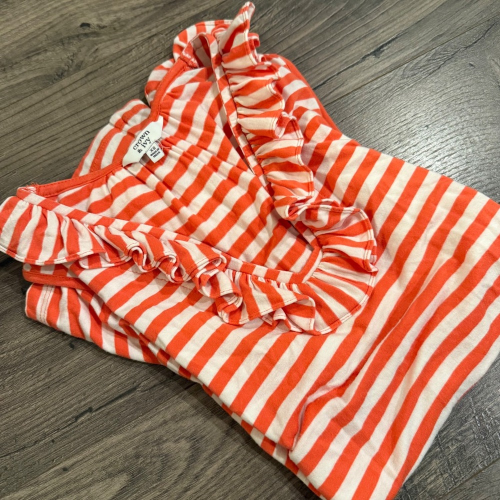 Crown & Ivy Orange White Striped Ruffle V-Neck Sleeveless‎ Tank Top XS RN 31104